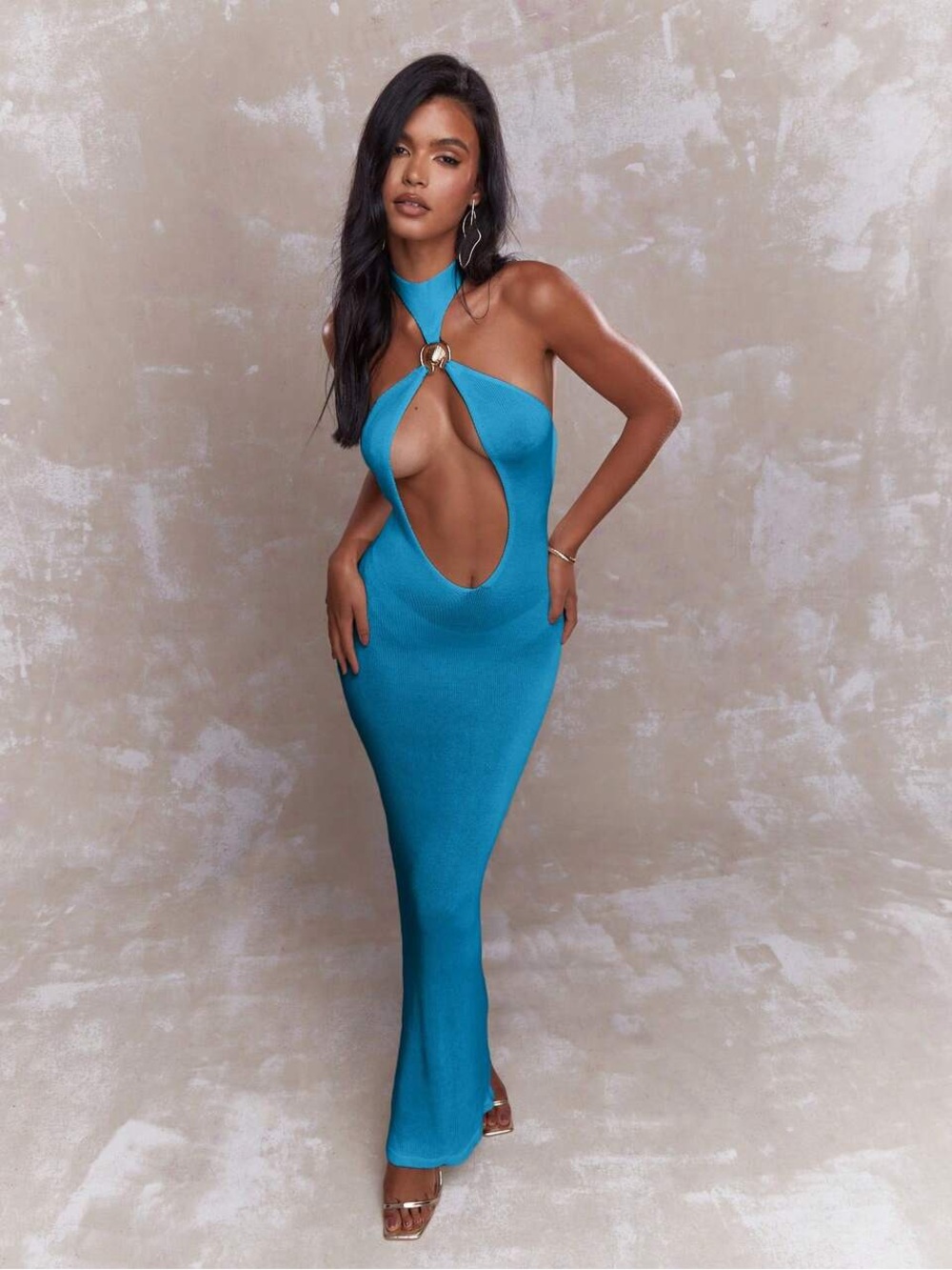 MISSGUIDED Sheer Metal Detail Halter Plunge Neck Maxi Dress NWT